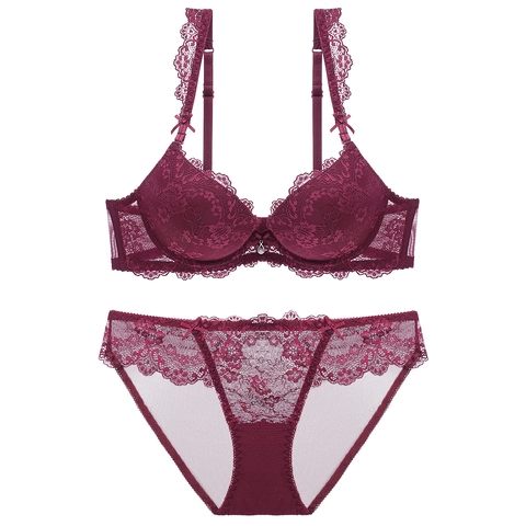 Ensemble De Lingerie Soutien-Gorge Push-Up En Dentelle Sexy Et Culotte Broderie Florale Respirant Et Confortable