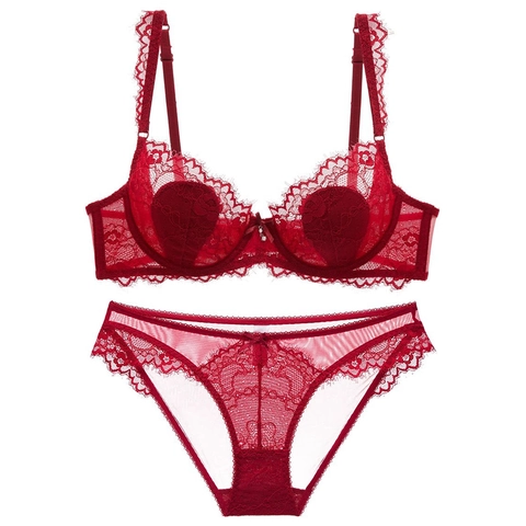 French Style Sexy Lace Bra And Panty Set Women Ultra Thin Transparent Underwire Lingerie Set Breathable Minimizer Underwear