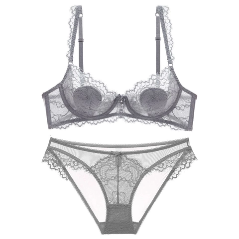 French Style Sexy Lace Bra And Panty Set Women Ultra Thin Transparent Underwire Lingerie Set Breathable Minimizer Underwear