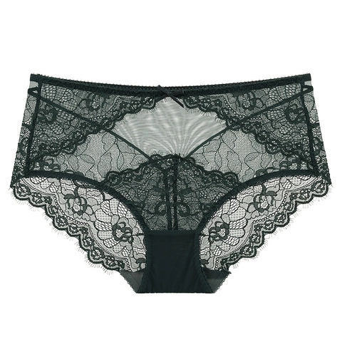 Women Sexy Lace Panties Transparent Mesh Floral Briefs Mid High Waist Hip Lifting Breathable Lingerie For Ladies