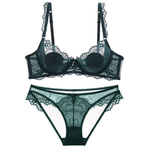 Sexy Lingerie in Pizzo Trasparente Reggiseno e Mutandine Ricamo Floreale Traspirante Push Up Minimizer con Ferretto per Donna