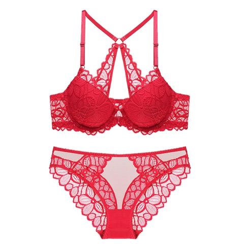 Intimo Donna Sexy in Pizzo Chiusura Anteriore Reggiseno Push Up E Mutandine Ricamo Floreale Incrocio Schiena Traspirante