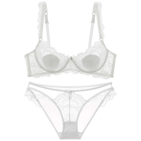 Sexy Lingerie in Pizzo Trasparente Reggiseno e Mutandine Ricamo Floreale Traspirante Push Up Minimizer con Ferretto per Donna