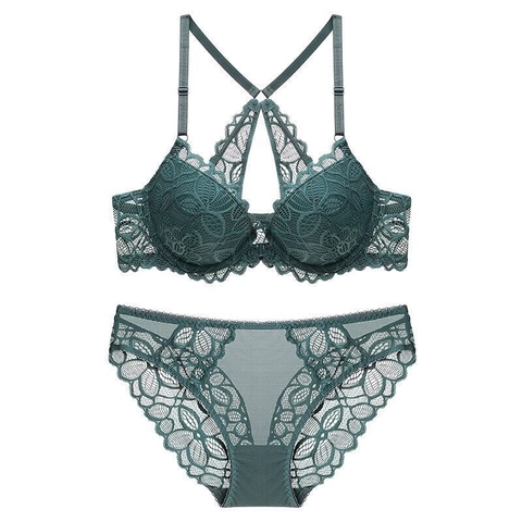 Intimo Donna Sexy in Pizzo Chiusura Anteriore Reggiseno Push Up E Mutandine Ricamo Floreale Incrocio Schiena Traspirante