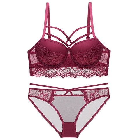 Set di Lingerie in Pizzo Floreale Sexy da Donna Reggiseno Push Up E Mutandine in Rete Con Dettaglio Cinturini Incrociati Elegante Intimo