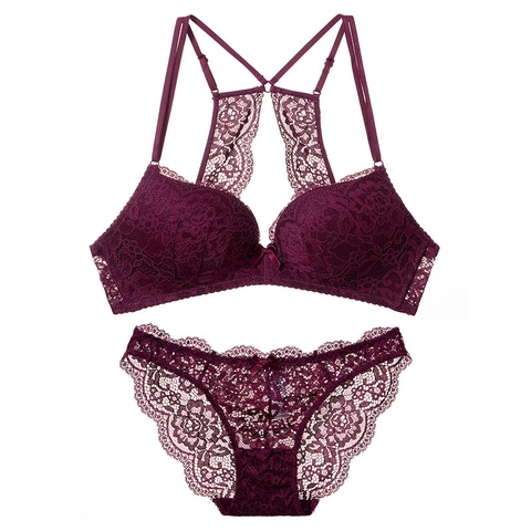 French Style Sexy Lace Bra And Panty Wireless Deep V Push Up Backless Lingerie For Women Floral Embroidery Underwear