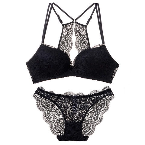 French Style Sexy Lace Bra And Panty Wireless Deep V Push Up Backless Lingerie For Women Floral Embroidery Underwear