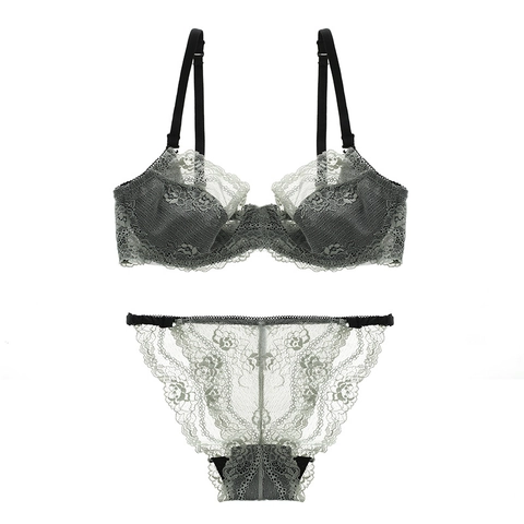 Set Lingerie Pizzo Francese Sexy Trasparente Sottilissimo Minimizer Reggiseno E Slip Ricamo Floreale Intimo Per Donna