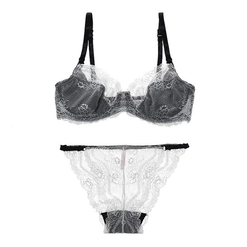 Set Lingerie Pizzo Francese Sexy Trasparente Sottilissimo Minimizer Reggiseno E Slip Ricamo Floreale Intimo Per Donna