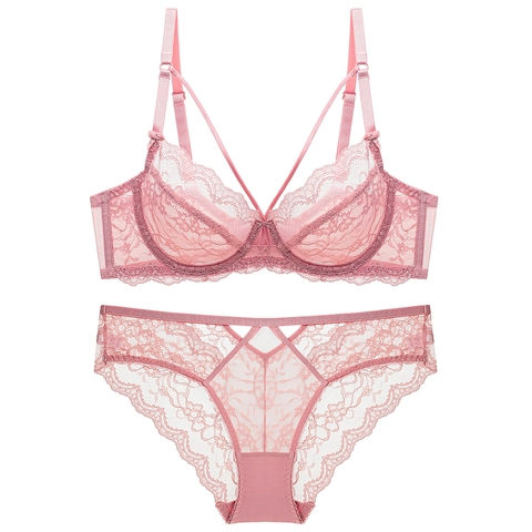 Women French Sexy Lace Lingerie Set Ultra-thin Transparent Wired Bra And Panty Set Floral Embroidery Underwear Set