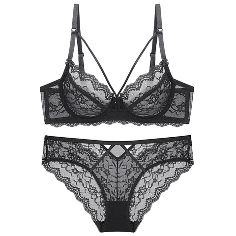 Women French Sexy Lace Lingerie Set Ultra-thin Transparent Wired Bra And Panty Set Floral Embroidery Underwear Set
