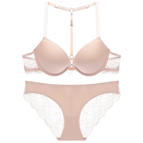 Seamless Sexy Lace Bra And Panties Front Buckle Y-Shaped Racerback Push Up Underwear Set For Small Chest Women Lingerie