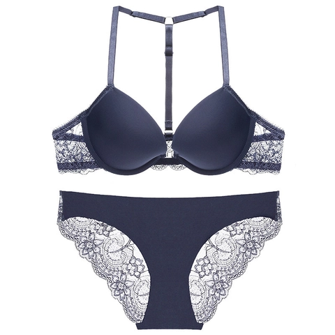 Seamless Sexy Lace Bra And Panties Front Buckle Y-Shaped Racerback Push Up Underwear Set For Small Chest Women Lingerie