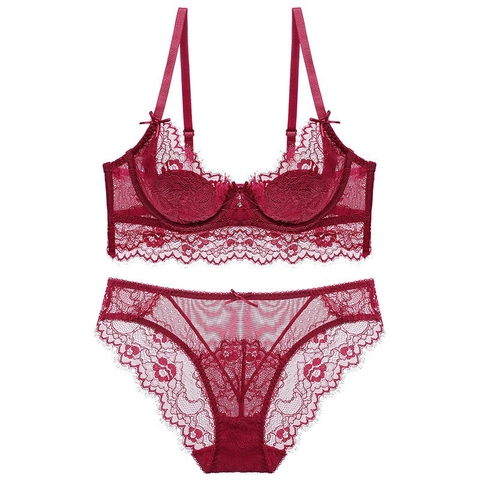 French Sexy Lace Bra And Panty For Women Ultra Thin Underwire Bralette Floral Embroidery Large Size Lingerie Bra And Briefs