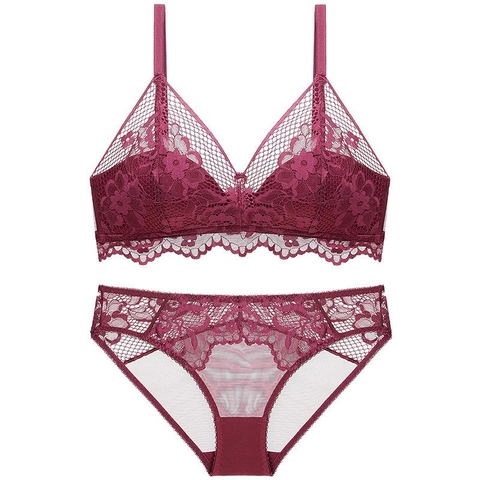 Französischer Sexy Spitzen BH Und Slip Kabelloses Triangel Cup Design Minimizer Blumennetz Atmungsaktive Wäsche Für Damen