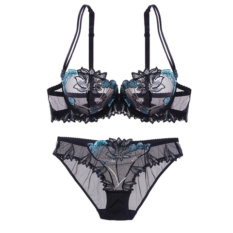 Sexy Französische Spitze Blumenstickerei Dessous Set Transparentes Netz BH Und Slip Set Mit Bügel Damen Lingerie