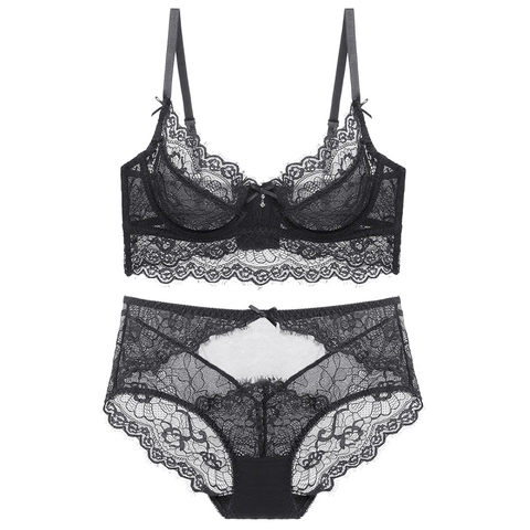 Sexy Sujetador Y Braga De Encaje Ultrafino Transparente Malla Con Aros Minimizador Lencería Para Mujer Bordado Floral Ropa Interior