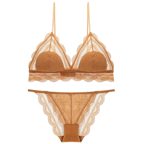 Ensemble Lingerie Sexy en Dentelle Style Français Soutien-Gorge Et Culotte Sans Armatures Bonnet Triangle Mince Broderie