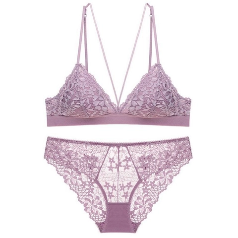 French Sexy Lace Bra And Panty For Women Thin Triangle Cup Wireless Floral Embroidery Lingerie Underwear Set