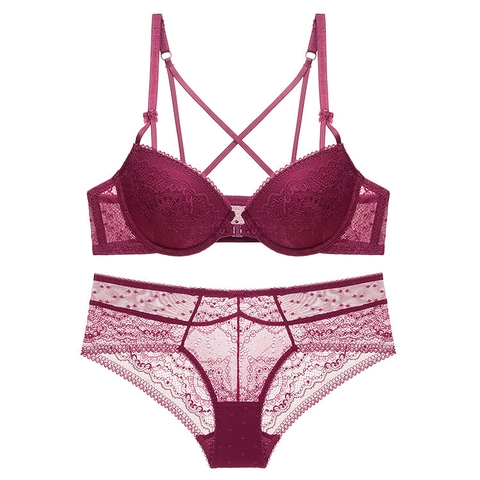 French Sexy Lace Lingerie Set For Women Front Closure Push Up Bra And Panties Cross Back Straps Breathable Floral Lingerie