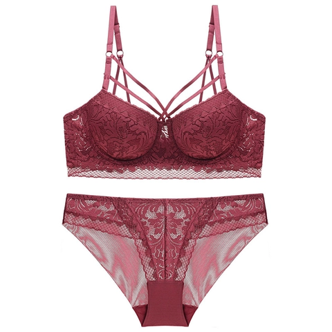 Intimo Sexy in Pizzo Scollo a V Profondo Reggiseno E Slip Con Cinturini Push Up Ricamo Floreale Schiena Bella Donna Lingerie