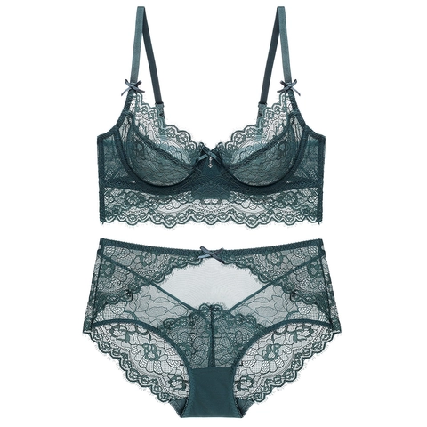 Sexy Lace Bra And Panty Ultra Thin Transparent Mesh Underwire Minimizer Lingerie For Women Floral Embroidery Underwear