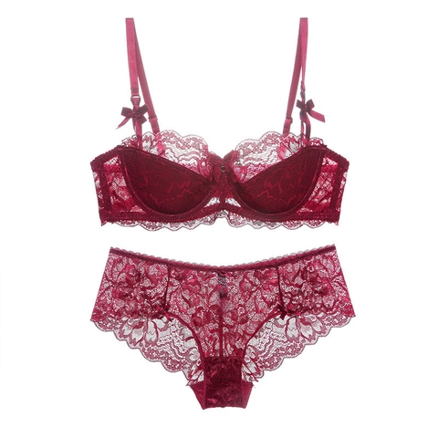 Sexy Set di Lingerie in Pizzo Floreale Donna Traspirante Sottile Reggiseno Con Ferretto E Slip Con Fiocco Set Intimo