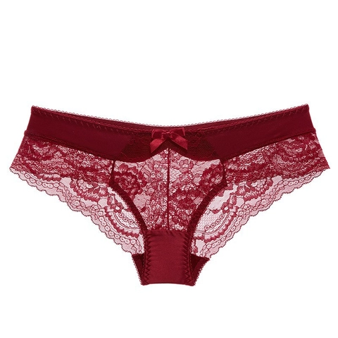 Women's Sexy Lace Panties French Style Ultra-Thin Transparent Low Waist Floral Lingerie Satin Bow Briefs Cotton Crotch Underwear