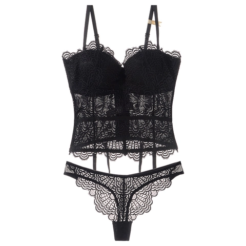 Sexy Body in Pizzo Floreale per Donna Intimo Push Up Bustino Top Mesh Patchwork Lingerie con Reggicalze