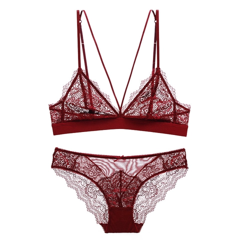 Conjunto de Lencería Sexy de Encaje para Mujer Francés Ultrafino Transparente Sin Aros Sujetador Y Bragas Rojo Vino