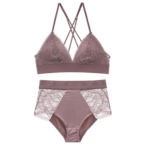 French Style Sexy Lace Lingerie Set For Women Wireless Triangle Cup Bra And High Waist Panty Comfort Underwear Set