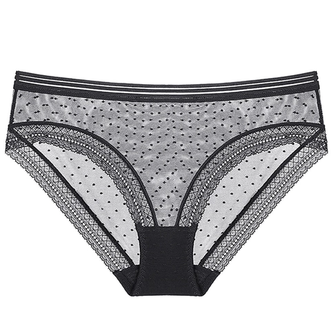 Damen Sexy Mesh Polka Dot Höschen Niedrige Taille Spitzenbesatz Slips Atmungsaktives Baumwollzwickel Transparente Unterwäsche
