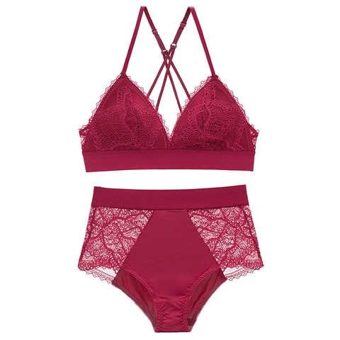 French Style Sexy Lace Lingerie Set For Women Wireless Triangle Cup Bra And High Waist Panty Comfort Underwear Set