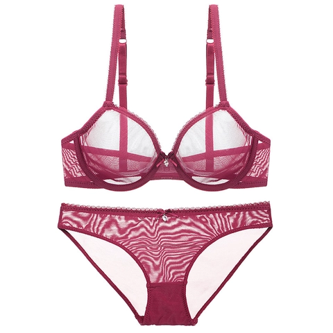 Women Sexy Ultra Thin Transparent Mesh Bra And Panty Gathering Breathable Lace Lingerie With Heart Pendant