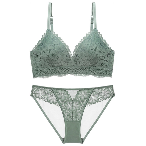 Women Sexy French Lace Bra And Panties Lingerie Top And Underwear Thin Wireless Floral Embroidery Bralette Panty For Women