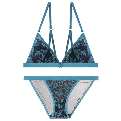 French Lace Embroidered Lingerie Top And Bottom Women Sexy V-Neck Front Clasp Bra And Matching Panties No Underwire Mesh Underwear