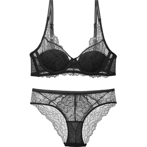 Conjunto de Lencería Sexy de Encaje para Mujer Bordado Floral Escote en V Profundo Sujetador y Bragas Transpirable Ligero