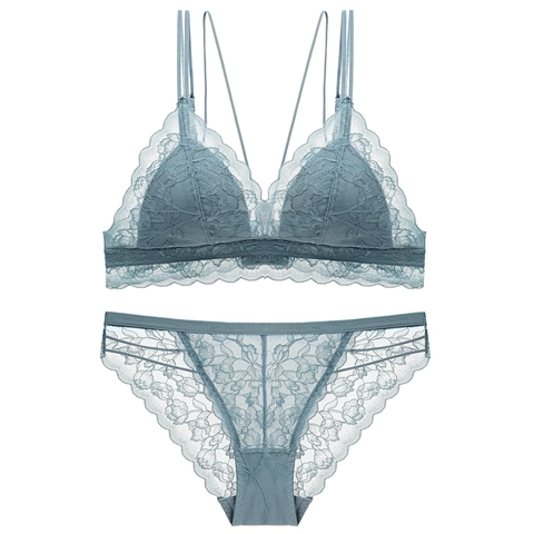 Lingerie Soutien-Gorge Et Culotte En Dentelle Sexy Française Maille Respirante Broderie Florale Bonnet Triangle Sans Armatures
