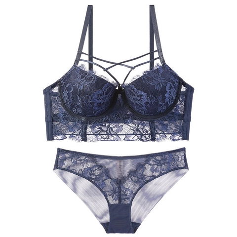 Women Sexy Lace Bra And Panty Criss-cross Straps Floral Embroidery Lingerie Push Up Longline Bustier Underwear For Valentine Day