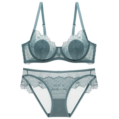 Conjunto de Lencería Sexy de Encaje Transparente para Mujer Sujetador Y Bragas Con Aro Push Up Copa Fina Floral