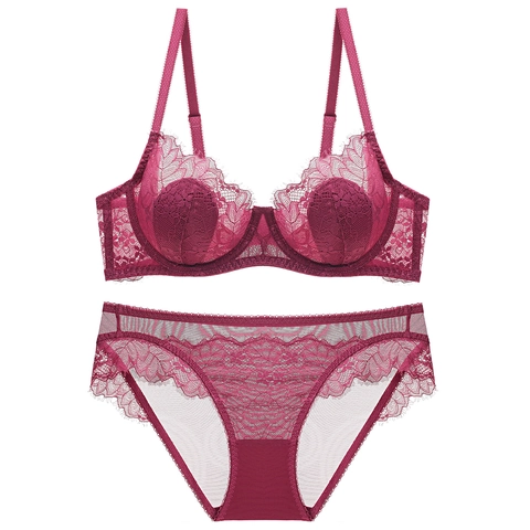 Conjunto de Lencería Sexy de Encaje Transparente para Mujer Sujetador Y Bragas Con Aro Push Up Copa Fina Floral