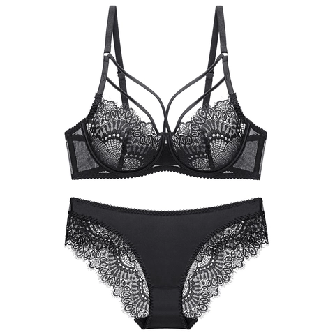 Women Sexy Lace Lingerie Bra And Panty Ultra Thin Transparent Push Up Floral Embroidery Underwire Underwear Top And Bottom
