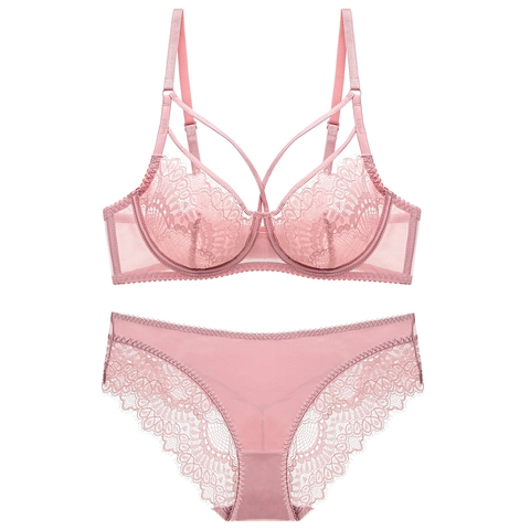 Women Sexy Lace Lingerie Bra And Panty Ultra Thin Transparent Push Up Floral Embroidery Underwire Underwear Top And Bottom