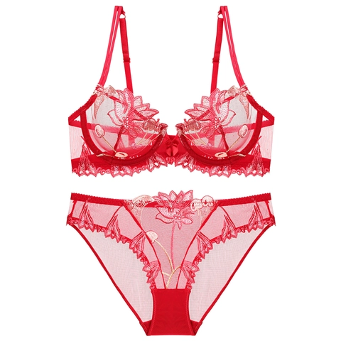 Women Sexy Lace Lingerie Set Transparent Mesh Floral Embroidery Bra And Panties Two Piece Set Underwire Lingerie For Women