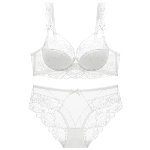 Women Sexy Lace Bra And Panty Combination French Style Floral Embroidery Deep V Underwired Thin Cotton Cup Lingerie
