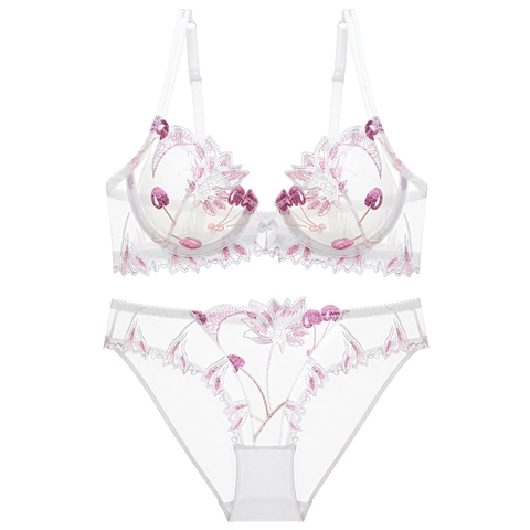 Women Sexy Lace Embroidered Bra And Panty Top And Bottom Ultra-Thin Transparent Cherry Mesh Lingerie Set With Bow Decor