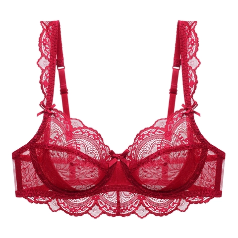 Sujetador de Encaje Fino Sexy para Mujer Bordado Floral Transparente con Aro Bralette Talla Grande Decoración de Lazo Lencería
