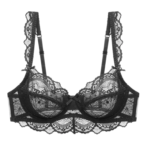 Sujetador de Encaje Fino Sexy para Mujer Bordado Floral Transparente con Aro Bralette Talla Grande Decoración de Lazo Lencería