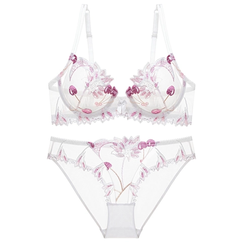 Women Sexy Lace Lingerie Set Transparent Mesh Floral Embroidery Bra And Panties Two Piece Set Underwire Lingerie For Women