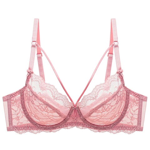 Women's Sexy Lace Bra Ultra-Thin Transparent Mesh Underwear With Underwire Bow Decor Adjustable Straps French Style Bralette